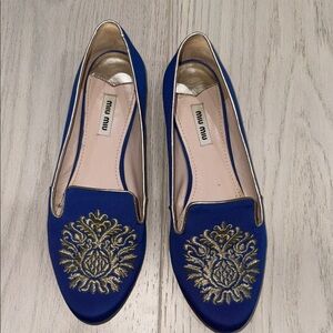Miu Miu Royal Blue Flats with Gold Embroidery